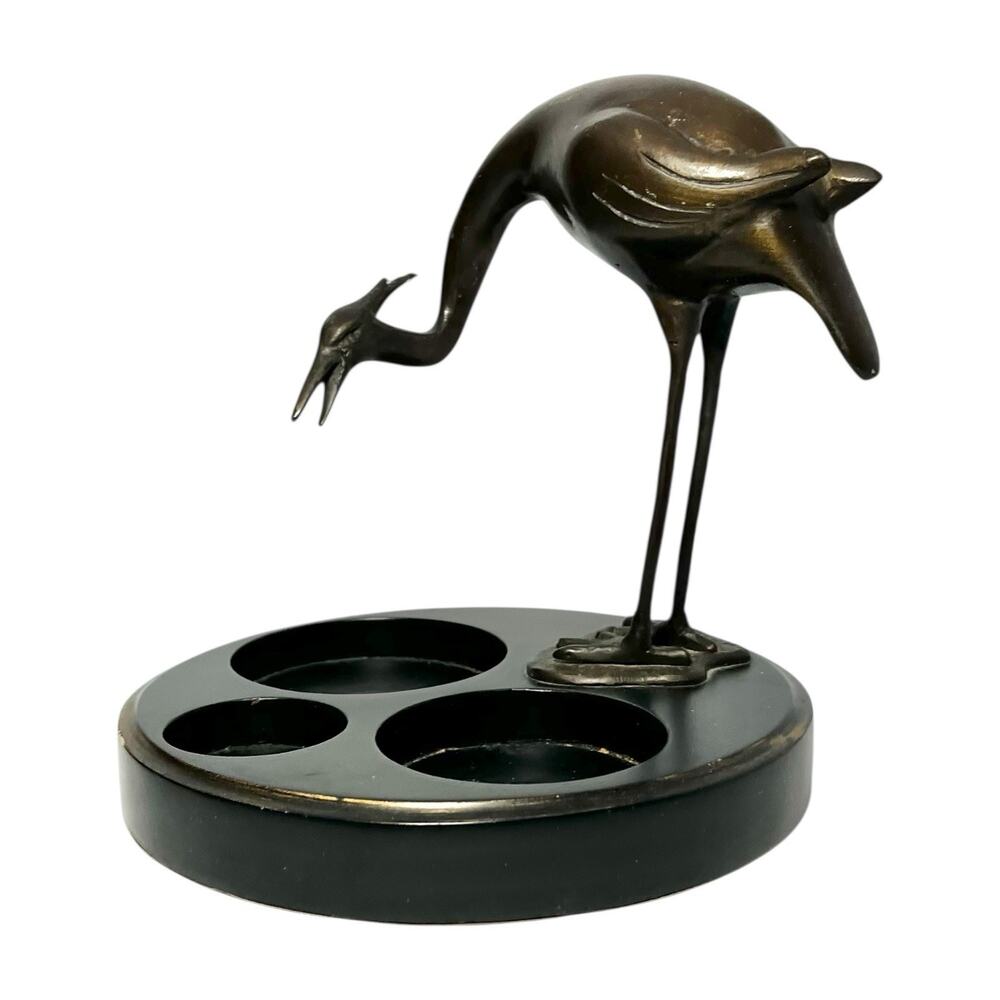 Vintage Bronze Crane Bird 3-Compartment Office Supply Holder/Vanity Dresser Tray